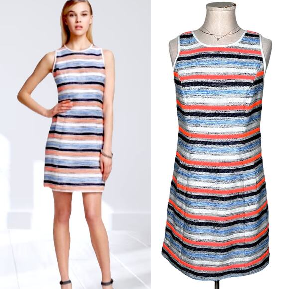 SHOSHANNA Linen Tweed Blend Striped Mini Dress Neon Orange Blue Coastal Chic 4 - Picture 1 of 11